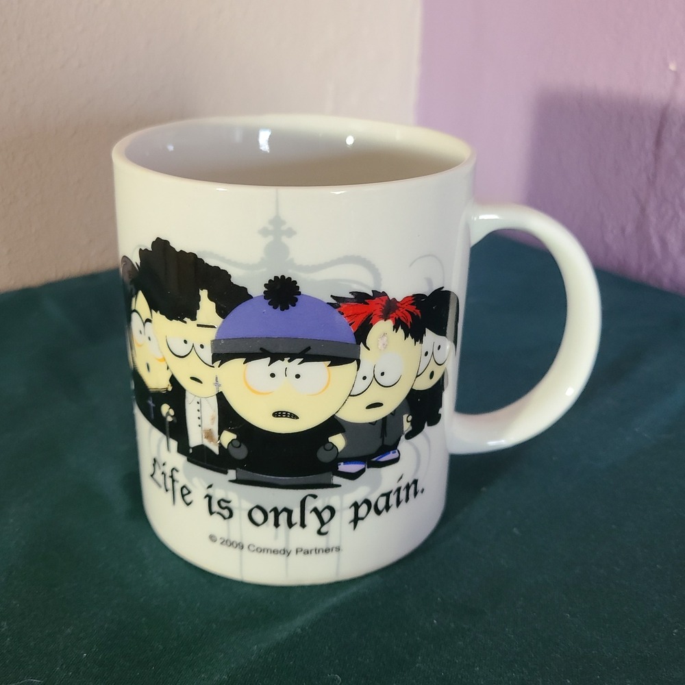 Rare South Park Mug 11 oz White Goth Kids Life Is Only Pain 2009 Comedy Central